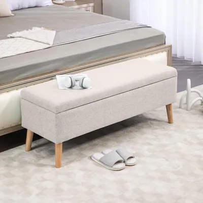 Image de Banc avec rangement et aspect lin, dimensions 110x39x45 cm, couleur beige, pieds en bois, style scandinave