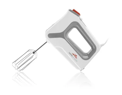 A white hand mixer with gray accents and a red button is shown against a white background, with its reflection visible below.