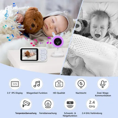 Produktbild von Baby Monitor mit Kamera, 3,5" IPS Display, Nachtsicht, VOX, Gegensprechfunktion, Temperaturanzeige
