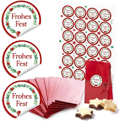 Produktbild von 24 rote Blockbodenbeutel Pergamineinlage 7 x 4 x 20,5 c) + runde Weihnachts-Aufkleber Weihnachtswünsche Verpacken Pralinen Tee und kleine Geschenke Weihnachten"Frohes Fest" rot, grün, weiß / 10 Stück
