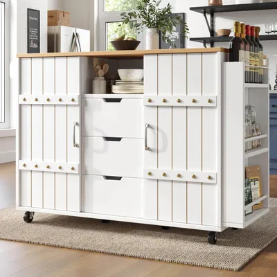 Obrázok produktu pre Kuchynský vozík na kolieskach s pracovnou doskou, servírovací vozík s posuvnými dverami a zásuvkami, biela, 110x42x90 cm