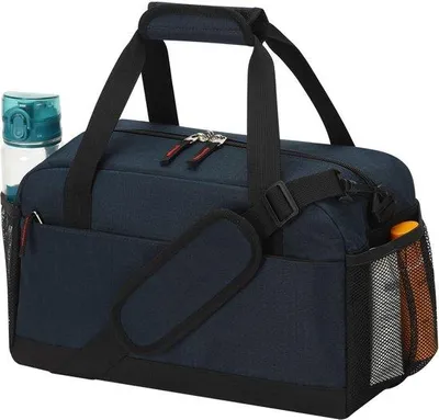 Zdjęcie produktu dla Uniqoos® – sportowa torba podróżna, kompaktowa, w ciemnoniebieskim kolorze, o wymiarach 35 x 20 x 20 cm, wykonana z poliestru 600D, z wodoodporną przegrodą na mokre rzeczy, wieloma przegrodami i wyściełanym paskiem do noszenia