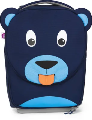 A close-up front view of a blue children's trolley suitcase designed to look like a bear's face.