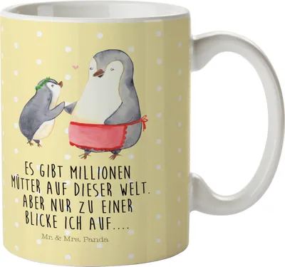 Produktbild von Mr. & Mrs. Panda Plastikbecher Pinguin mit Kind - Gelb Pastell - Geschenk, Muttertag, Mehrwegbecher, Mutter, Haferl, Mama, Familie, Vorbild, Kunststoffbecher, Pott