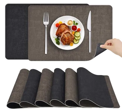 Platzdeckchen Set 6er, PU-Leder, 43x30 cm, hellbraun/grau