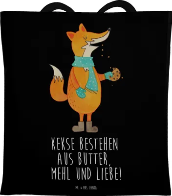 Produktbild von Mr. & Mrs. Panda Schultasche Fuchs Keks - Schwarz - Geschenk, Frieren, Plätzchen, Tasche, Tote Bag, Laptoptasche, Weihnachtlich, Weihnachten, Jutebeutel, Shopping, Kekse