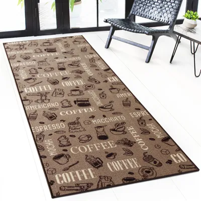 Obrázek produktu pro Floordirekt Koberec Coffee, protiskluzový kuchyňský koberec, moderní koberec s motivy kávy, snadno udržovatelný a odolný – hnědý / 80 x 200 cm