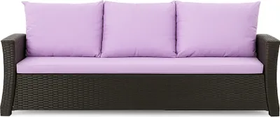 A front view of a three-seater outdoor sofa with dark brown woven base and light purple cushions.