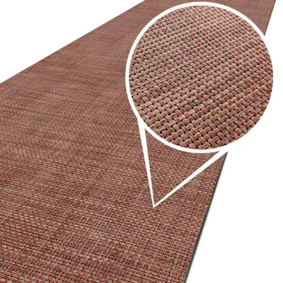 Läufer 50 x 180 cm in Rostrot, Aufsicht mit Lupenkreis auf die Flechtstruktur