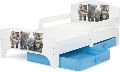 Produktbild von Bayagu Kinderbett 140x70cm Weiß mit Matratze Schublade und Rausfallschutz Katzen