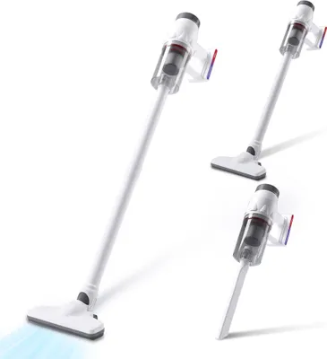 Multiple views of a white cordless stick vacuum cleaner against a white background.
