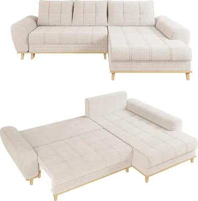 Productafbeelding van Eckbank in Scandinavische stijl, met slaapfunctie, bedopslag en bekleed met bouclé chenille stof in beige / 21013
