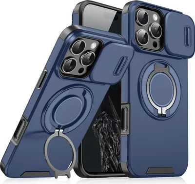 Produktbild von Handyhülle für iPhone 16 Pro Dual-Layer Stoßfest Militär Hülle mit Dia Kameraschutz und Magnetisch Ring Ständer Blau