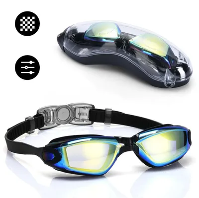 Produktbild von INF Schwimmbrille mit Etui — Anti-Beschlag, UV-Schutz, Silikondichtung, PC-Polycarbonat-Linse, Weites Sichtfeld, Auslaufsicheres Design Schwarzes Gold