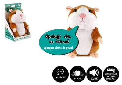 Obrázok produktu pre Škrečok Mireček opakujúce sa vety plyšový 18cm na batérie so zvukom v krabici 12x20x10cm v taške