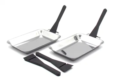 Produktbild von 6-teiliges BBQ Grillpfannen-Set - 2x Edelstahl Grillpfannen, 4x Kunststoff Schaber/Pfannenheber