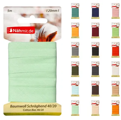 Schrägband 5m, 100% Baumwolle, 20mm, pastellgrün, vorgestärkt