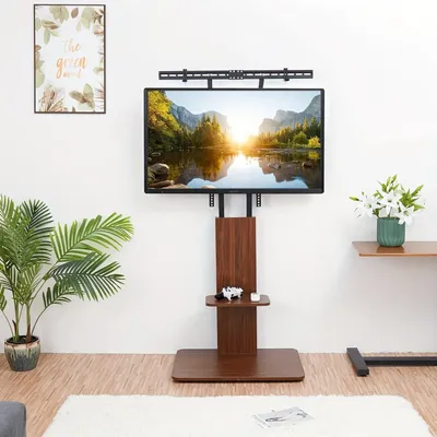Obrázek produktu pro Masivní televizní stolek z dřeva, vhodný pro televizory o velikosti 32-65 palců – univerzální podstavec pro televizory s úložnými policemi a systémem pro uspořádání kabelů