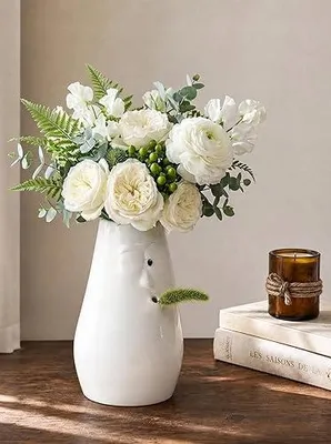 Produktbild von Weiße Keramikvase mit Gesicht, Dekovase für Blumen, Modernes Geschenk