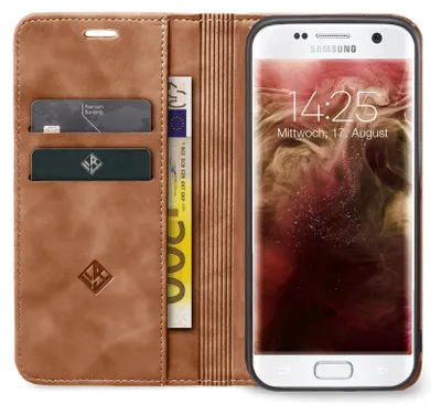 Produktbild von Handy Hülle für Samsung Galaxy S7 edge Klapphülle Bookcase Flip Cover Handy Tasche Etui Farbe: Hellbraun