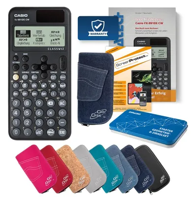 Produktbild von Casio FX-991 DE CW Taschenrechner mit Tasche dunkelblau, Folie, Fachbuch & Zirkel Set