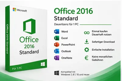 Produktbild von Microsoft Office 2016 Standard | Dauerlizenz für 1 PC | Word, Excel, PowerPoint, Outlook, OneNote | Sofortiger Download