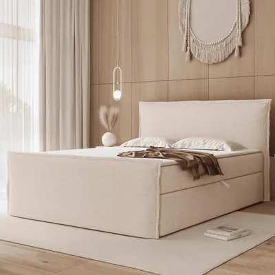 Produktbild von Boxspringbett LIZIO 180x200 Ohren-Kopfteil Bettkasten Bonellmatratze Hellbeige