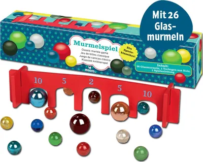 Produktbild von Klassisches Murmelspiel – Spieleklassiker für Kinder, 26 Murmeln aus Glas und Ho