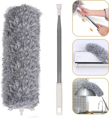 Produktbild von Staubwedel Teleskop Mikrofasern Staubwischer Staubbesen mit Verbiegbare Eckbesen und Edelstahl Teleskop Stange lang bis 240cm, Staubwedel Waschbar