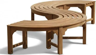 A wooden curved bench on a white background.