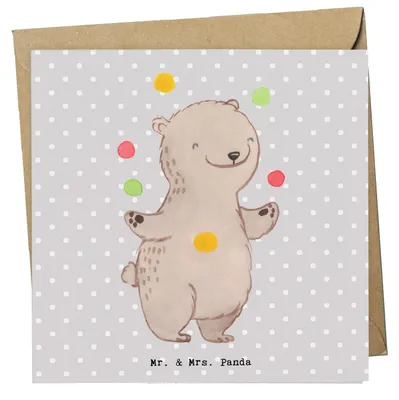 Produktbild von Mr. & Mrs. Panda Grußkarte Bär Jonglieren - Grau Pastell - Geschenk, Glückwunschkarte, faltkarte, Jongleur, Zirkus, Artistik, Klappkarte, anlasskarte, doppelkarte