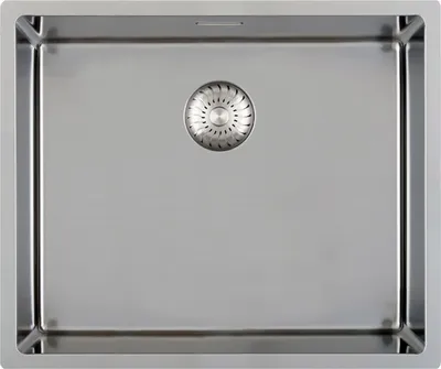 A top-down view of a stainless steel kitchen sink with a drain.
