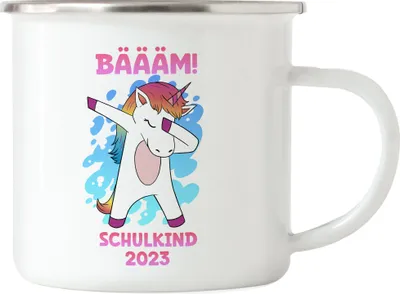 Produktbild von Bäääm Schulkind 2023 Emaille Tasse Einschulungsgeschenk Einhorn Unicorn Schulstart Grundschule