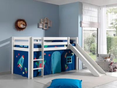 Produktbild von Vipack Spielbett Pino inkl. Rutsche, Liegefläche 90x200 cm mit Textilset Vorhang "Astro"