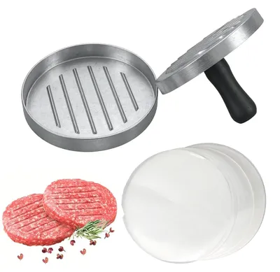 Hamburgerpresse aus Aluminium mit Antihaftbeschichtung, 100 Wachspapier