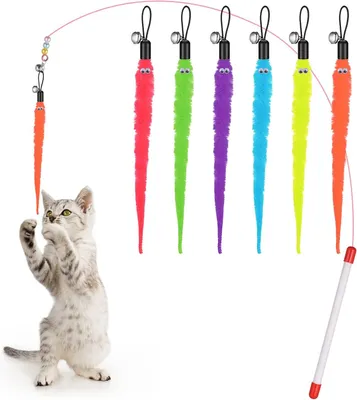 Produktbild von Katzenspielzeug Molain Katzen-Angelruten-Spielzeug-Set – 6-teilig, pelzige Schwanzwürmer mit Glocken, interaktives Katzenjagdspielzeug