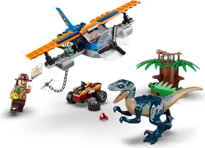 Produktbild von LEGO 75942 Jurassic World Velociraptor: Rettungsmission mit dem Doppeldecker, Spielzeug ab 4 Jahre mit Flugzeug und Dinosaurier-Figuren
