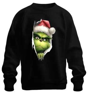 Productafbeelding van Grinch Kerstgezicht, kerstcadeau, Sinterklaasmuts, ondeugend, grappig, uni sweatshirt, zwart, maat S