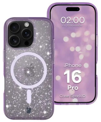 Produktbild von Glitzer Hülle mit Magnetring für iPhone 16 Pro, Bizon Case SparklO, Transparent-Violet mit Glitzer