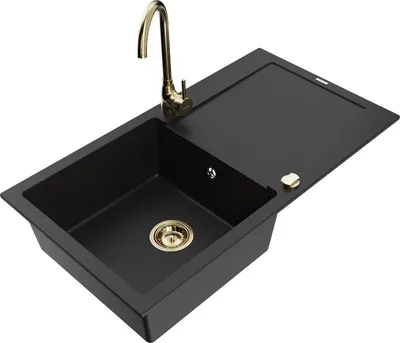Produktbild von Mexen Leo 1 Becken-Granitspüle mit Abtropffläche und Mischbatterie Telma, Schwarz - 6501-77-670200-50