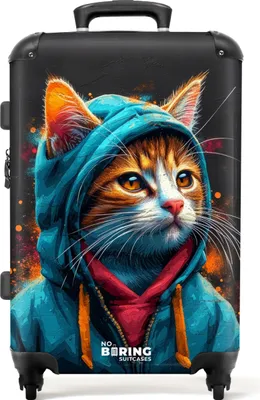 Obrázek produktu pro NoBoringSuitcases.com® Velký kufr - Graffiti kočka s modrou vestou - Kombinovaný zámek TSA - Pevná skořepina na kolečkách - 4 kolečka - 72 litrů - Cestovní kufr - 66 cmKufr Medium 67x43x25 cm, 72L,