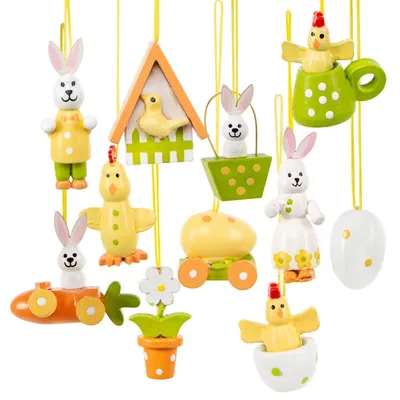 Produktbild von Holz Osterdeko zum Aufhängen Set 11-teilig Bunte Osteranhänger Frühlingsdeko 3,5-5 cm