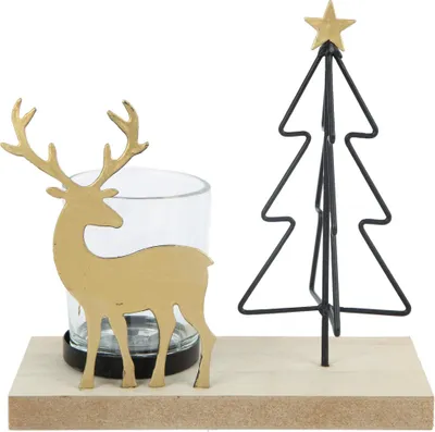 Produktbild von TrendLine Teelichthalter Holz-Metall mit Hirsch und Tannenbaum 15 x 7 x 14,5 cm mehrfarbig