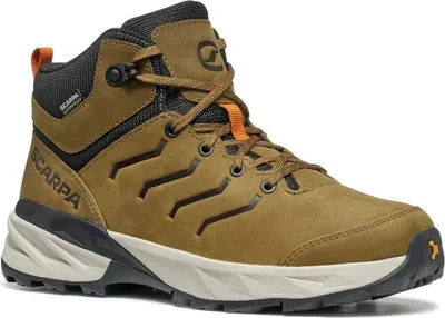 RS Pro Y WP Kinder Wanderschuhe von Scarpa in braun mit orangefarbenen Akzenten und hohem Schaft.