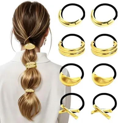 Produktbild von 8 goldfarbene Haargummis für Damen mit Haarmanschetten aus Metall