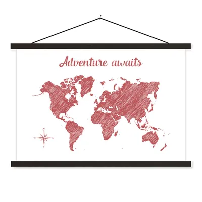 Produktbild von MuchoWow® Textilposter Weltkarte - Rot - Zitat 60x40 cm mit schwarzem Rahmen - Hölzernes