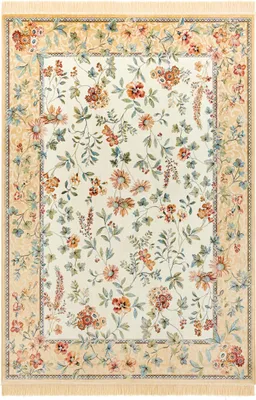 A floral patterned rug laid flat on a white background.