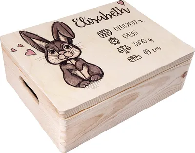 Produktbild von Creative Deco Erinnerungsbox Baby Holzkiste Personalisiert | 40x30x14 cm (+/-1cm) | Hase Motiv für Geburt & Taufe | Groß Natur Geschenk Spielzeugkiste Holzbox mit Deckel und Giffen Gravur