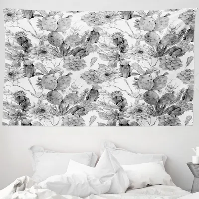 Produktbild von ABAKUHAUS Kaktus Wandteppich, Boho Stil Botanical aus Weiches Mikrofaser Stoff Waschbar ohne Verblassen Digitaldruck, 230 x 140 cm, Grau weiß