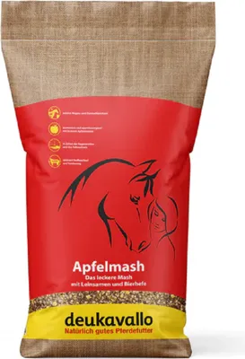 A bag of horse feed with a red label featuring a horse illustration.
